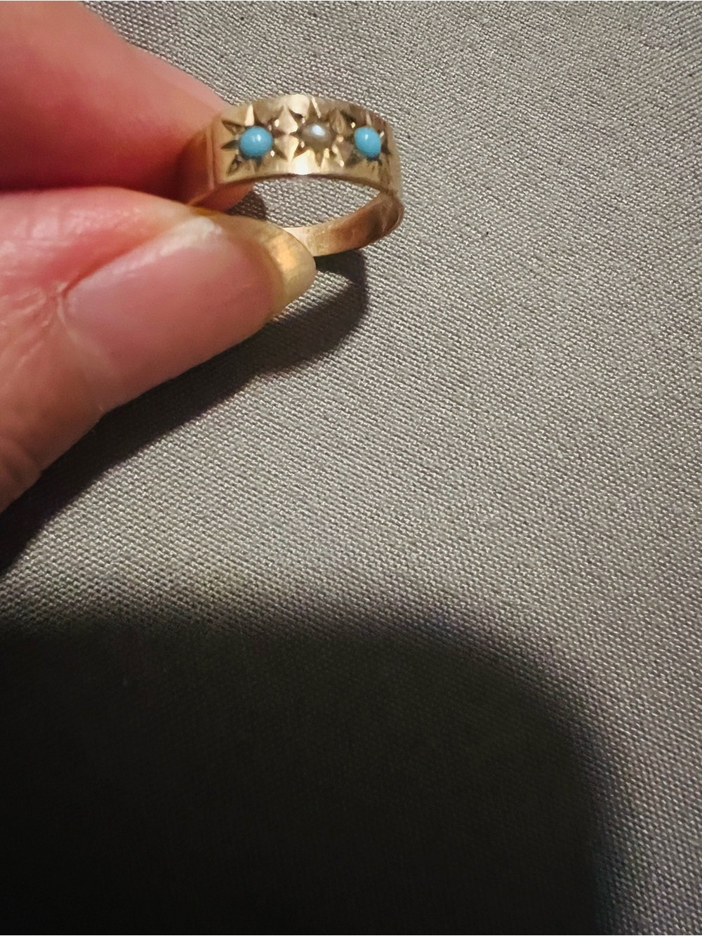 Antique Victorian 10K Gold Turquoise & Pearl Gypsy Ring | Size 0 Midi Ring - Picture 8 of 9